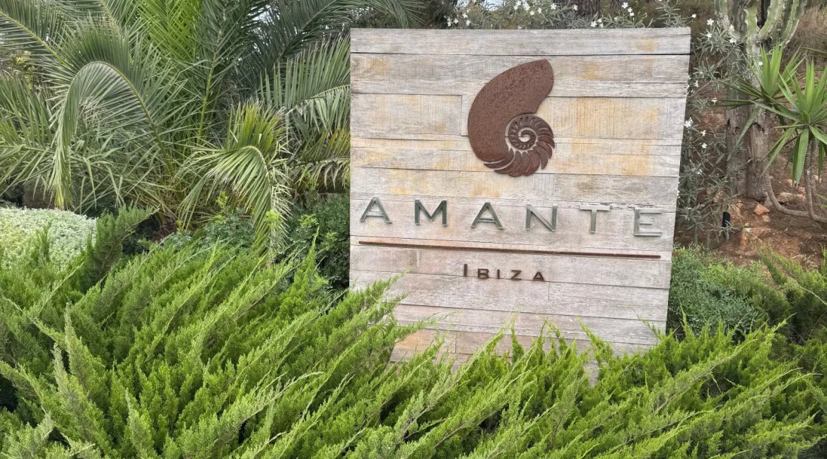 Ibiza – de entree van een stijlvolle beachclub omringd door groene palmen